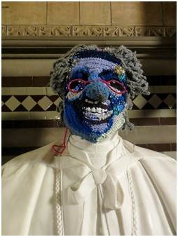 Weird looking blue crocheted mask pattern masquerade