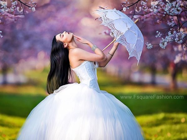 Beautiful Girl in Wedding Gown pose with umbrella Pictures, Images