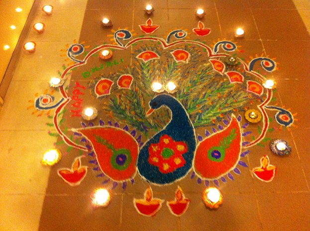 Latest Diwali Peacock Rangoli With Diyas